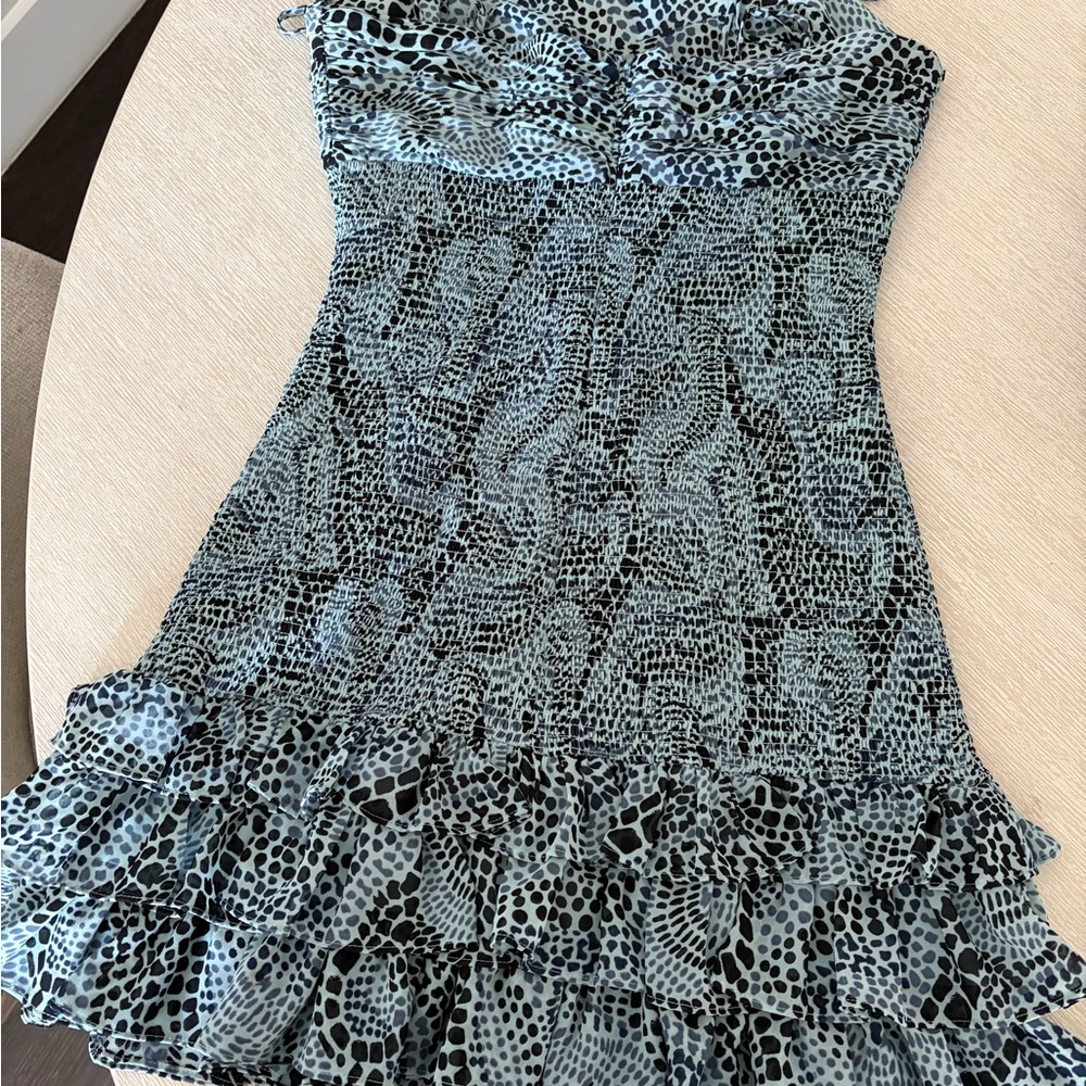 cinq à sept Light Blue and Black Ruffle-Hem Mini Dress